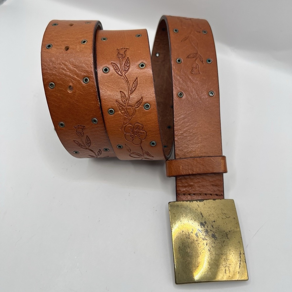 The Limited Tooled Floral Italian Leather Studded Grommet Belt S Brown Y2K Boho
